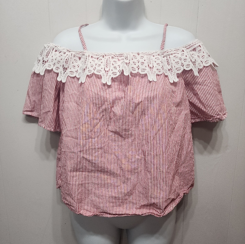 Charlotte Russe Blouse Small Off the Shoulder Striped Red White Lightweight B864